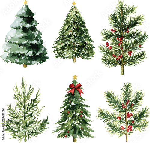 Vector Christmas tree set watercolor isolated on white background, Set of greenery Christmas pine tree watercolor illustration