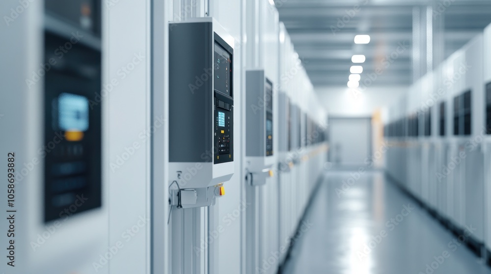 Server Room with Rows of White Cabinets and Digital Displays Server Room with Rows of White Cabinets and Digital Displays