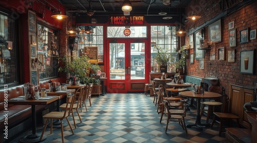 Empty interior of a retro diner with red doors, checkered floors, and wood tables and chairs.