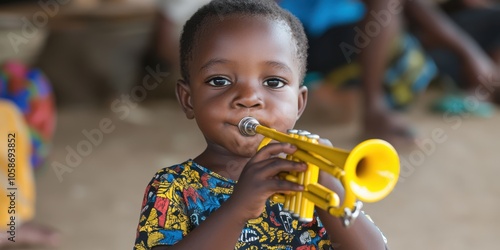 A joyful child with a vibrant expression plays a small, bright yellow trumpet, radiating happiness and energy in a colorful and lively setting.