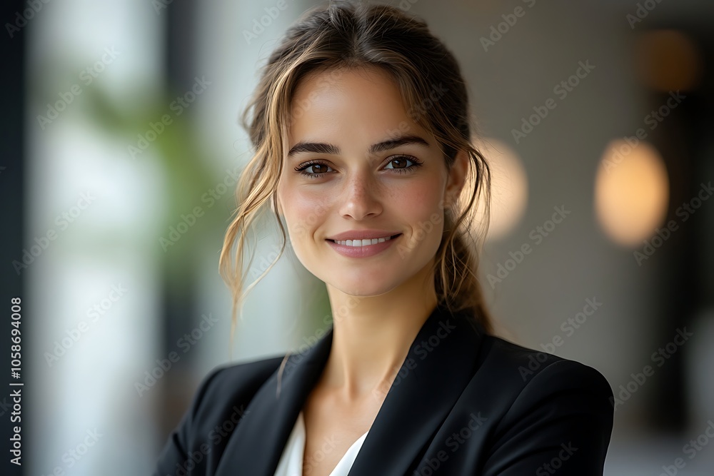 Confident Businesswoman in Black Suit with Soft Lighting and Blurred Background. Confident Businesswoman in Black Suit with Soft Lighting and Blurred Background.