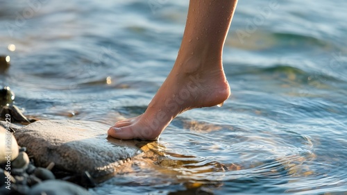 Refreshing Connection: A Barefoot Step is Placed Cautiously on a Rock in Clear Water, Capturing the Essence of Nature and Serenity in a Tranquil Outdoor Setting