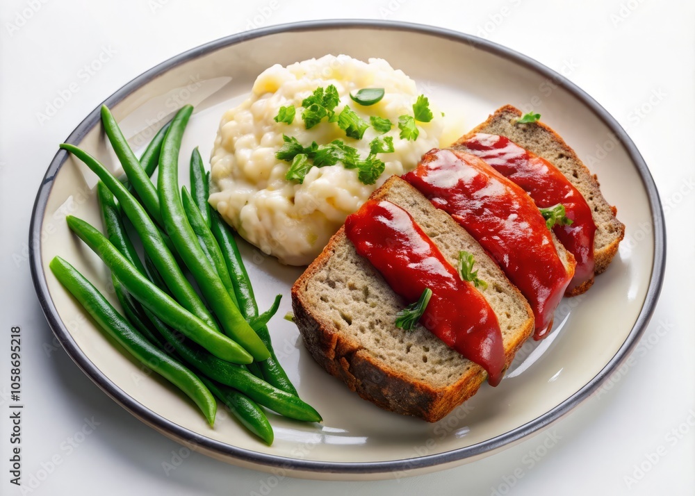 Classic Meatloaf Dinner with Mashed Potatoes and Green Beans - Top View Culinary Delight on White Background for Food Photography and Recipe Inspiration Classic Meatloaf Dinner with Mashed Potatoes and Green Beans - Top View Culinary Delight on White Background for Food Photography and Recipe Inspiration
