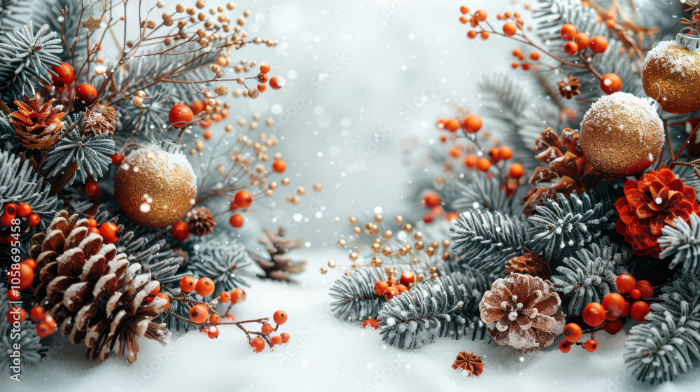 Festive Winter Wonderland with Berry and Pine Accents Background, Card or Backdrop