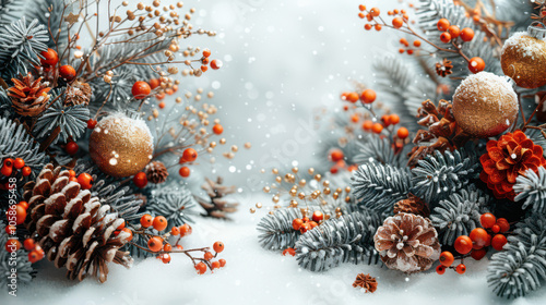 Obraz na płótnie Festive Winter Wonderland with Berry and Pine Accents Background, Card or Backdrop w salonie