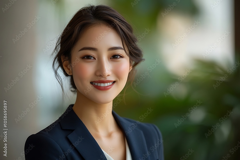 Confident Businesswoman in Blue Suit Smiling in Office Confident Businesswoman in Blue Suit Smiling in Office