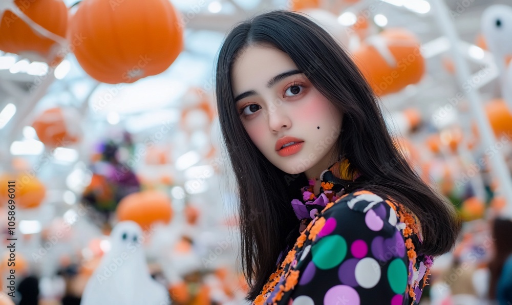 A young woman with dark hair and bright makeup stands in front of a background of pumpkins and ghosts. A young woman with dark hair and bright makeup stands in front of a background of pumpkins and ghosts.