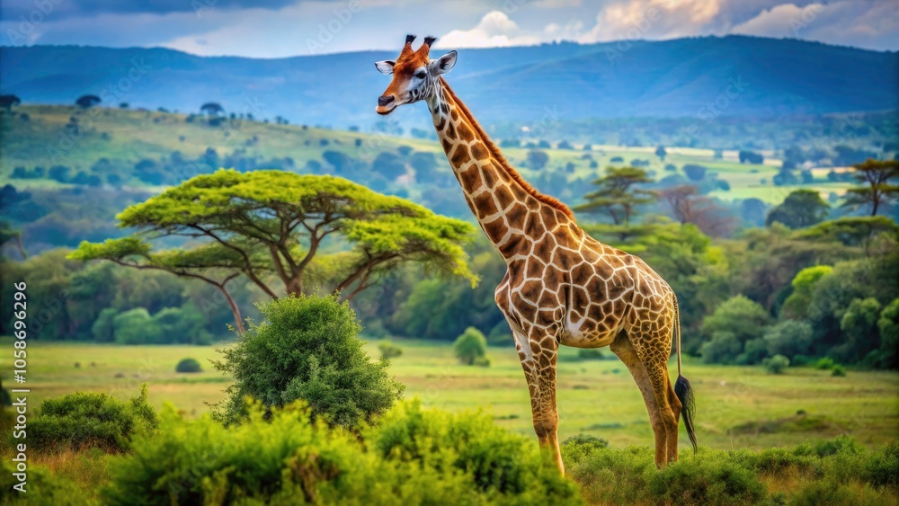 Obraz premium Majestic Giraffe in Natural Habitat - Wildlife Photography Showcasing Nature's Beauty, Tallest Mammal, Conservation, Safari Experience, African Wildlife and Animal Portraits