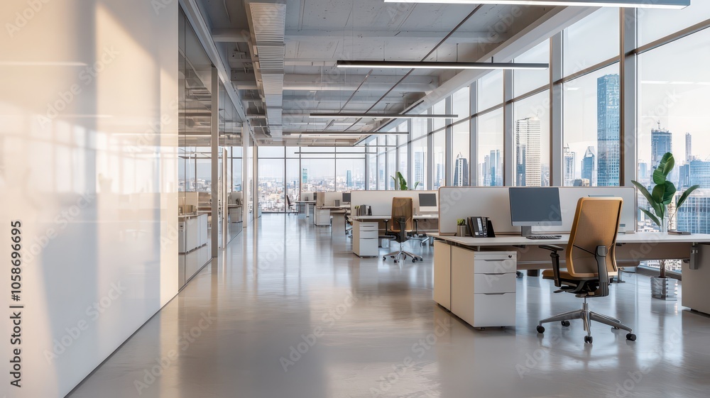 Spacious open plan office featuring a clean white mock-up wall for creative design presentations and ideas. Spacious open plan office featuring a clean white mock-up wall for creative design presentations and ideas.