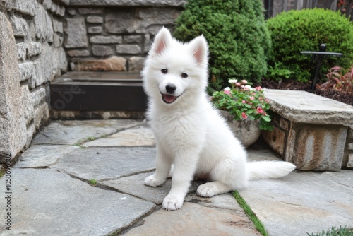 Samoyed puppy, small with fluffy white coat, sitting with a happy expression, playful and gentle