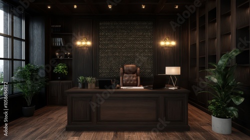 Chic rustic office featuring elegant patterned wallpaper and stylish decor for a sophisticated workspace.