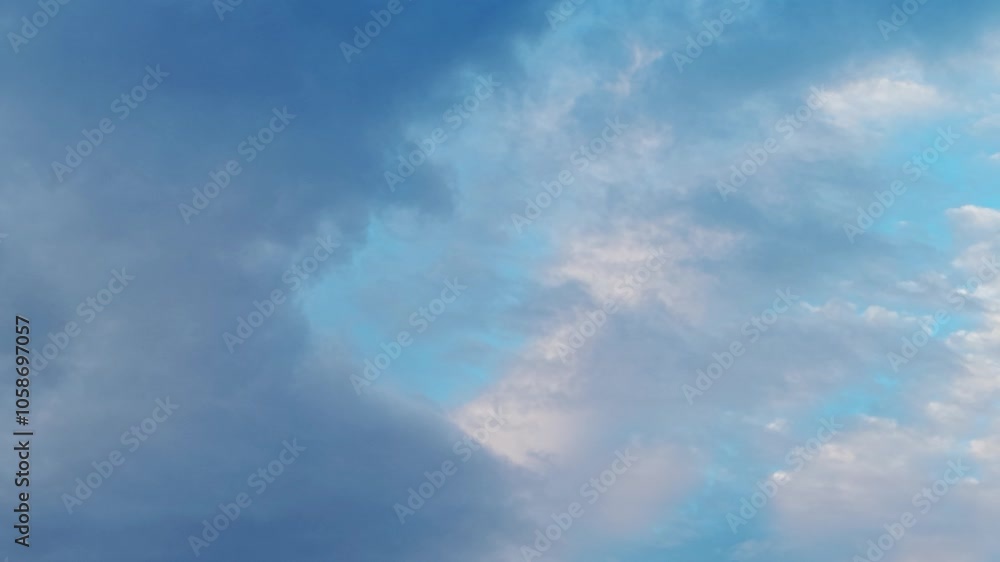 Clouds drift across a bright blue sky with soft light creating a peaceful atmosphere Clouds drift across a bright blue sky with soft light creating a peaceful atmosphere