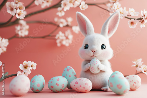 A white bunny with pink flowers and blue eggs