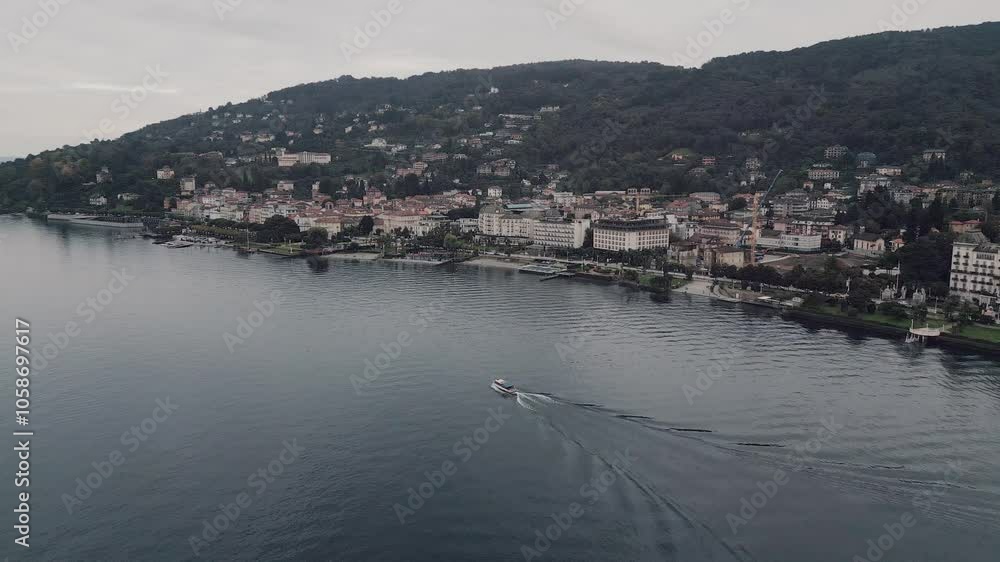 Scenic Aerial View Of Stresa Resort Town By The Lake Maggiore In Italy. Scenic Aerial View Of Stresa Resort Town By The Lake Maggiore In Italy.