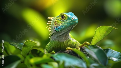 A vibrant iguana perched among lush green leaves.