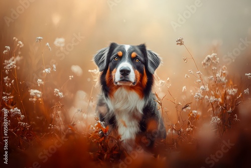 Australian Shepherd adult dog, strong build, tri-color coat, alert and loyal, standing confidently in field photo