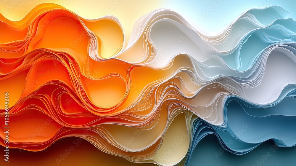 Close-up view of wavy paper quilling in orange, yellow, and white tones set against light blue background Close-up view of wavy paper quilling in orange, yellow, and white tones set against light blue background