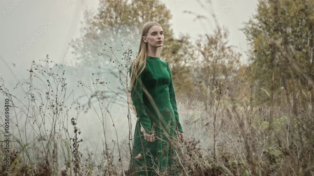 Model poses for the camera in a natural setting. She is wearing a stylish green dress, and the background is a field of tall grass and trees Model poses for the camera in a natural setting. She is wearing a stylish green dress, and the background is a field of tall grass and trees