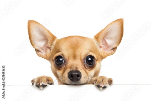 Chihuahua puppy, tiny with big eyes, curious and alert, fawn coat, large ears, playful expression