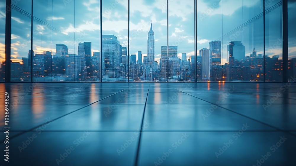 Fototapeta premium Manhattan, Dubai, Shanghai, and Hong Kong City Centers with Platforms, Roads, Parking Lots, and Brick Pavements for Car Advertisement Background