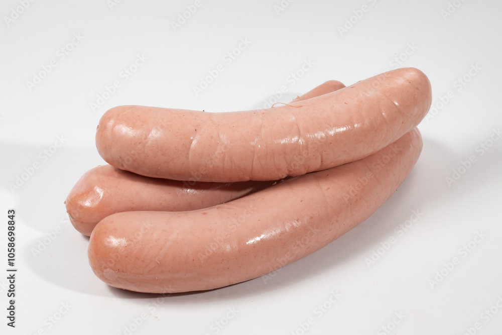 Sausages, semi-finished meat products, salads on a white background Sausages, semi-finished meat products, salads on a white background