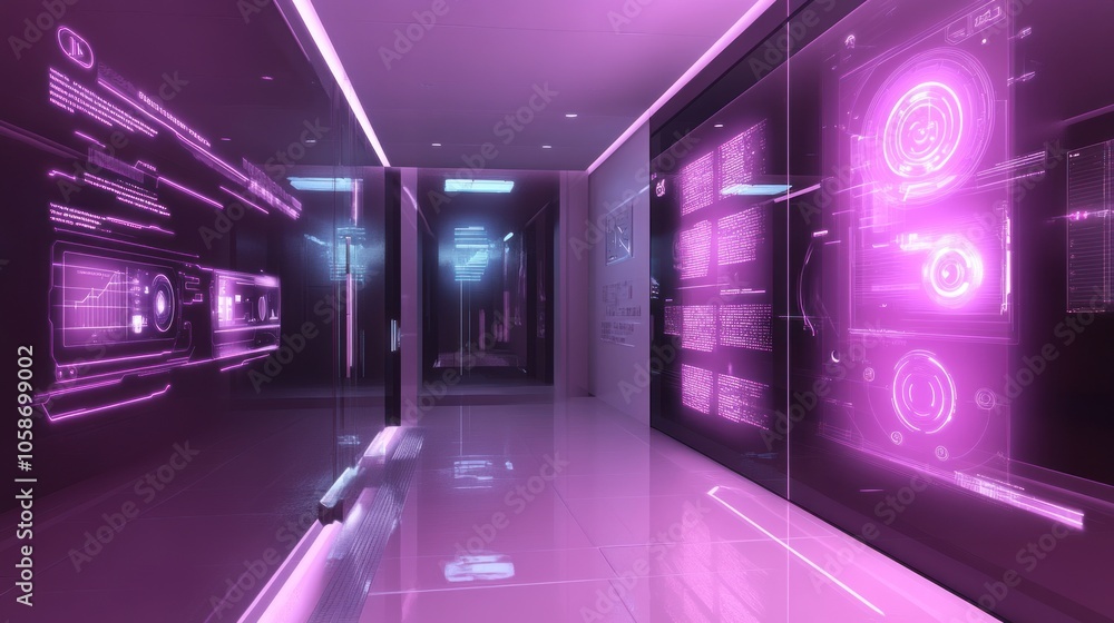 A futuristic hallway with glowing screens displaying data and information.