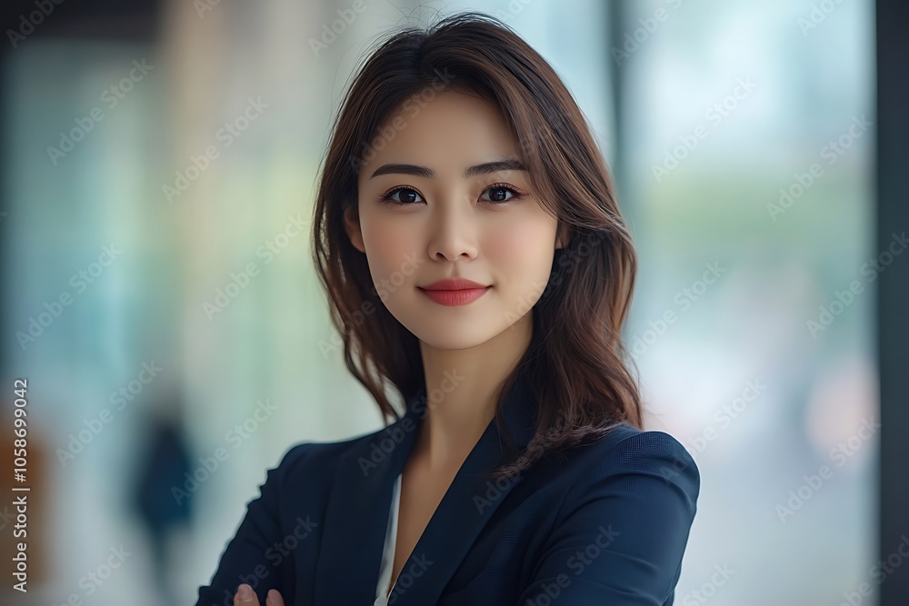 Confident Businesswoman in Navy Blue Suit Smiling in Office Setting Confident Businesswoman in Navy Blue Suit Smiling in Office Setting