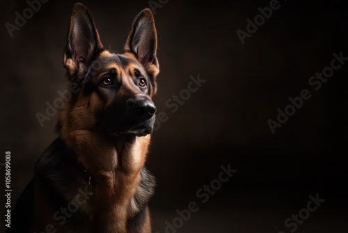 German Shepherd adult dog, standing tall with alert expression, strong build, black and tan coat, noble and protective