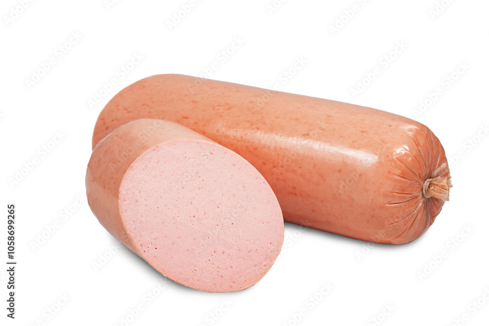 Sausages, semi-finished meat products, salads on a white background Sausages, semi-finished meat products, salads on a white background