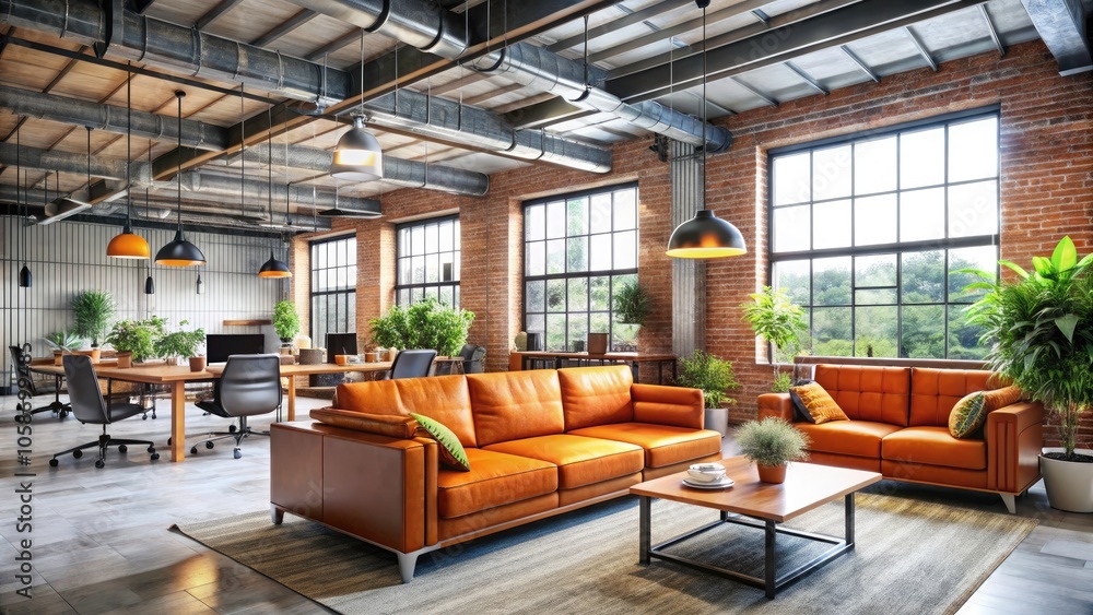Modern Coworking Space with Orange Sofa and Industrial Chic Design for Dynamic Work Environments Modern Coworking Space with Orange Sofa and Industrial Chic Design for Dynamic Work Environments