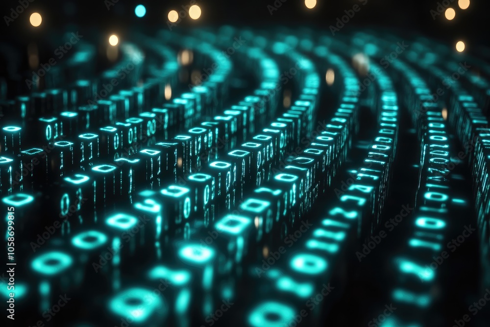 Abstract Binary Code Cubes with Glowing Cyan Lights Abstract Binary Code Cubes with Glowing Cyan Lights