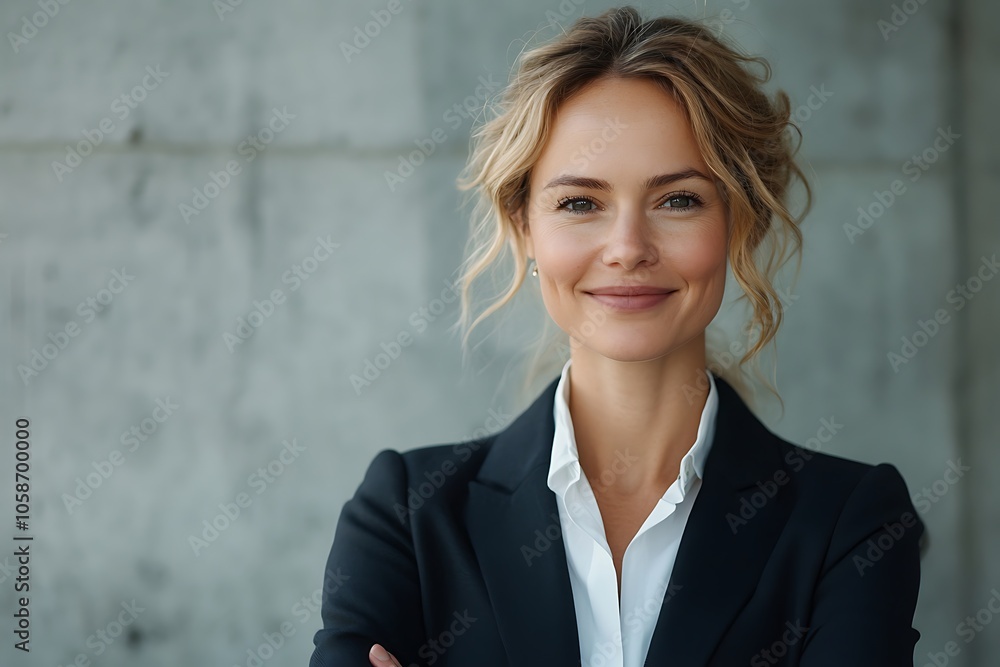 Confident Businesswoman in Navy Suit, Smiling and Professional Confident Businesswoman in Navy Suit, Smiling and Professional