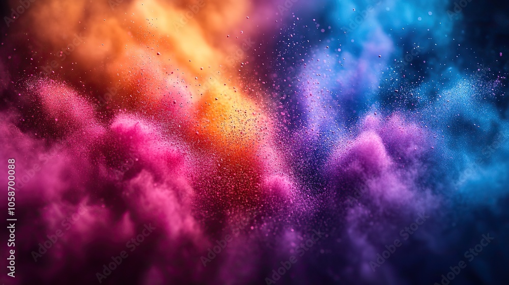 Obraz premium Colorful Holi powder explodes in the air, creating dynamic and vibrant background for festival celebrations or abstract designs