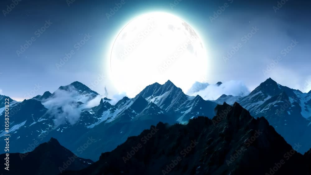 A large moon is in the sky above a mountain range. The mountains are covered in snow and the sky is dark. The scene is peaceful and serene, with the moon casting a soft glow over the mountains A large moon is in the sky above a mountain range. The mountains are covered in snow and the sky is dark. The scene is peaceful and serene, with the moon casting a soft glow over the mountains