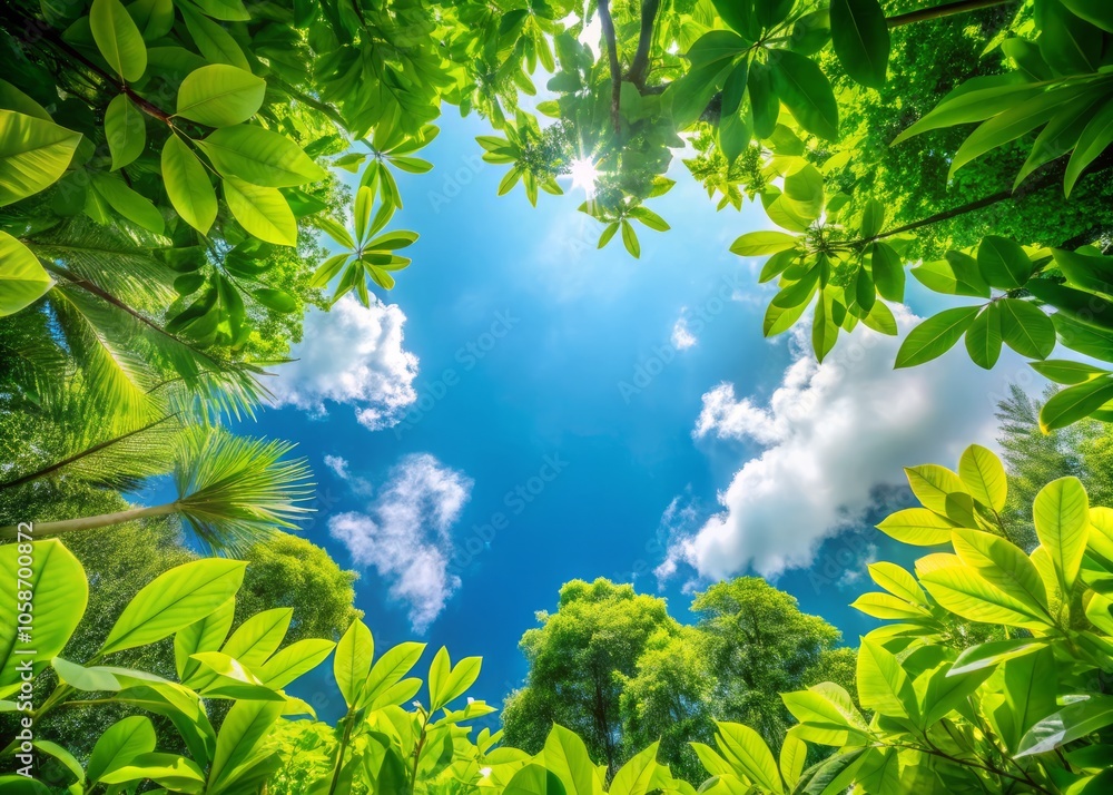 Low Angle View of Lush Green Plants Against a Clear Blue Sky, Stunning Nature Photography, Vibrant Foliage, Peaceful Scenery, Ideal for Eco-Friendly Themes and Backgrounds
