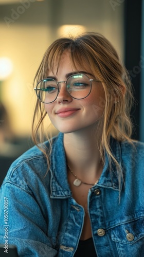 A photograph of a woman, with big glasses, wearing a denim jacket, looking into the distance