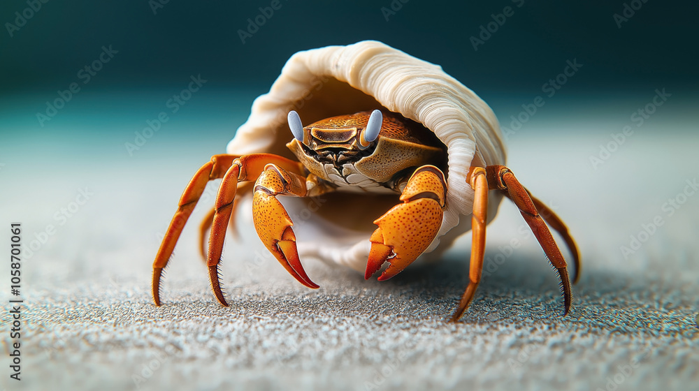 Close-up photograph of a hermit crab with orange claws emerging from a white shell on a textured surface with a blurred background. Close-up photograph of a hermit crab with orange claws emerging from a white shell on a textured surface with a blurred background.