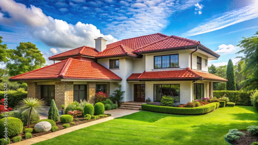 Modern Two-Story House with Red Tile Roof Surrounded by Lush Greenery and Well-Maintained Lawn for Inviting Architectural Photography Modern Two-Story House with Red Tile Roof Surrounded by Lush Greenery and Well-Maintained Lawn for Inviting Architectural Photography