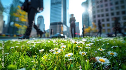 Green Grass with Small Daisies on a City Street, Blurred Figures in Business Suits and Skyscrapers in the Background, Highlighting the Role of Urban Greenery in Promoting Environmental Awareness