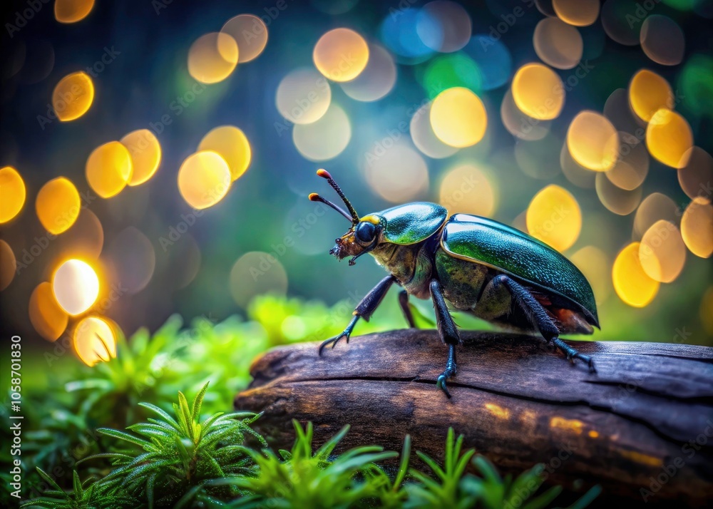 Night Photography of a Beetle on a Log with Blurred Green Background â€“ Nature Close-Up, Macro Photography, Outdoor Wildlife, Insect Details, Natural Habitat, Nighttime Environment