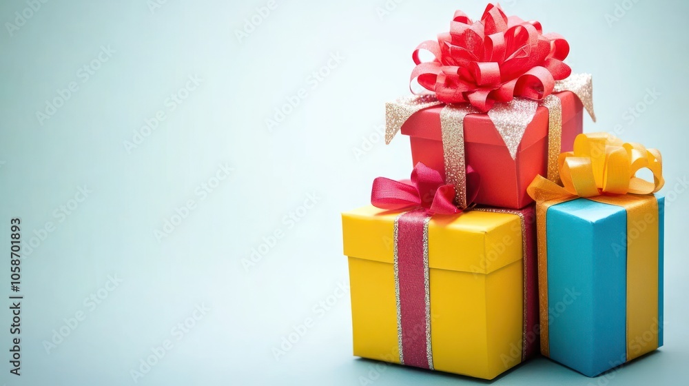 Fototapeta premium Colorful gift boxes with ribbons on a light background.