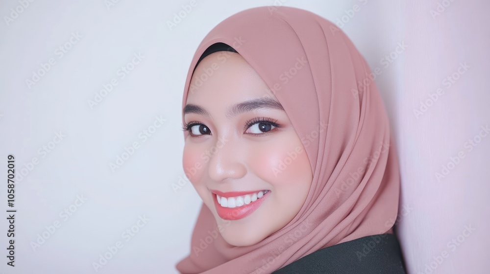 A smiling woman in a hijab, showcasing beauty and confidence. A smiling woman in a hijab, showcasing beauty and confidence.