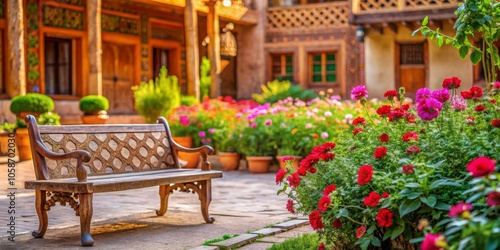 Macro Photography of Kashgar Ancient City Backyard with Bench, Old Lady, Traditional Architecture, Xinjiang Culture, July 2023, Scenic Beauty, Cultural Heritage, Tranquil Scene photo