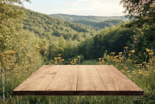 A Wooden Table Overlooking a Serene Meadow and Mountains on a Sunny Day in Springtime photo