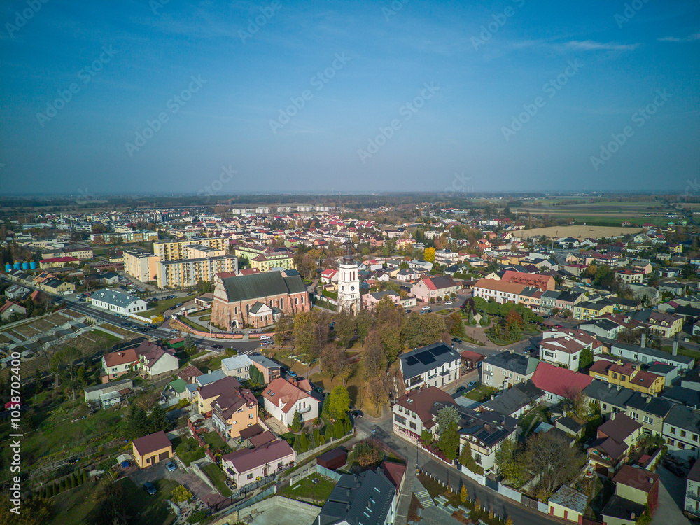 The city of Uniejow seen from above, Poland.
