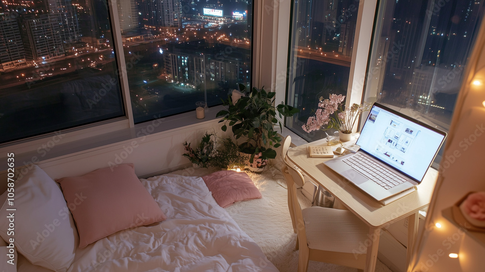 Cozy Bedroom With Desk Plants And City View At Night Cozy Bedroom With Desk Plants And City View At Night