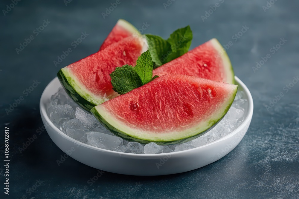 Refreshing watermelon slices artfully arranged on a bed of ice, perfect for summer gatherings and picnics. Refreshing watermelon slices artfully arranged on a bed of ice, perfect for summer gatherings and picnics.