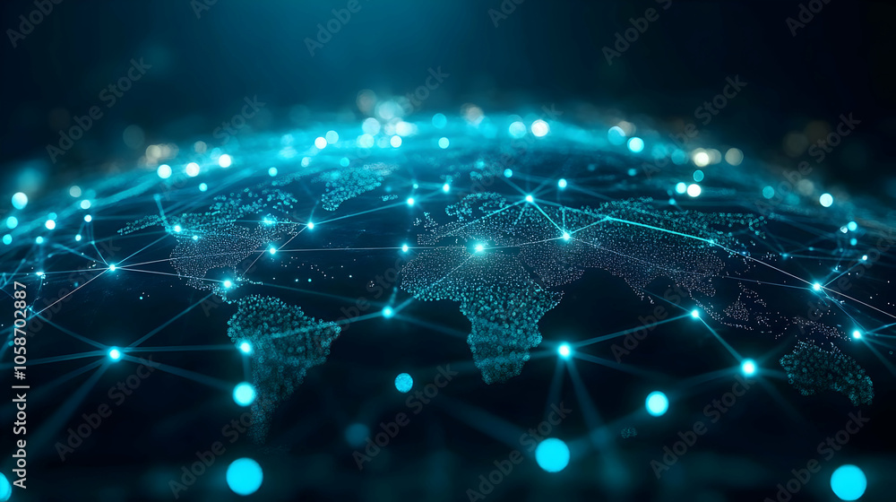 Abstract Illustration: Global Network Connection on Dark Blue Background Abstract Illustration: Global Network Connection on Dark Blue Background