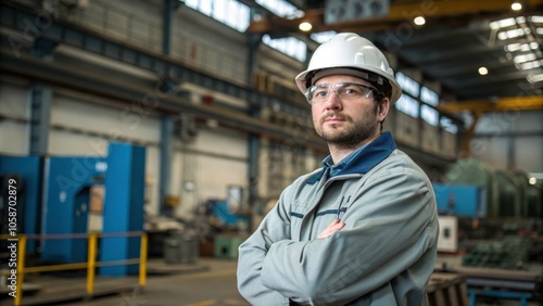 Engineer in industrial setting with safety gear.