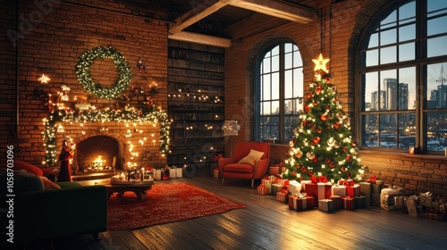 Wallpaper Mural A cozy living room decorated for Christmas with a fireplace, a Christmas tree, presents, and a city skyline view from the large window. Torontodigital.ca